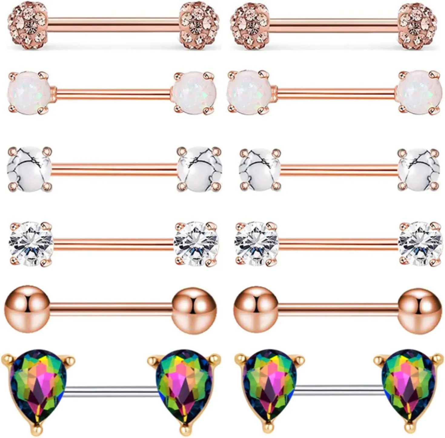 Titanium Steel Nipple Tongue Rings Opal CZ Barbell Colorful Set Piercing Jewelry Body Retainer 14G(1.6mm) 16mm 2 Pcs