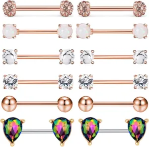 Titanium Steel Nipple Tongue Rings Opal CZ Barbell Colorful Set Piercing Jewelry Body Retainer 14G(1.6mm) 16mm 2 Pcs