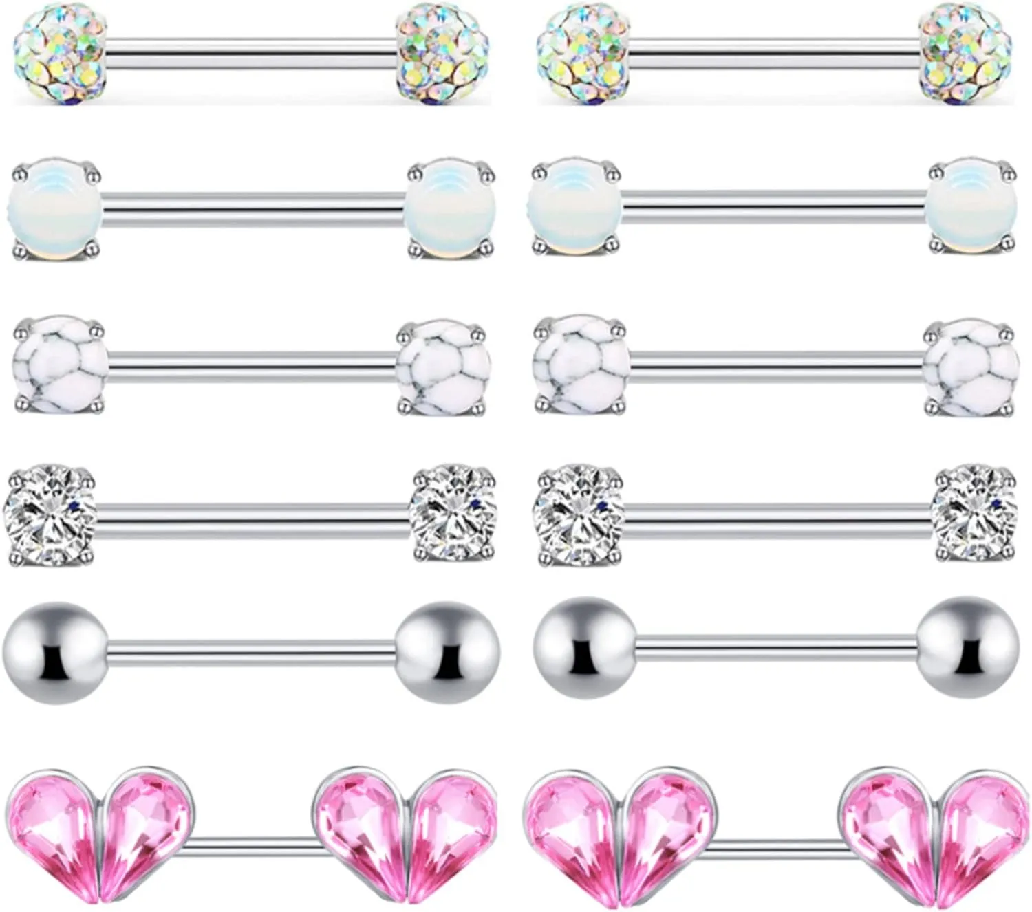 Titanium Steel Nipple Tongue Rings Opal CZ Barbell Colorful Set Piercing Jewelry Body Retainer 14G(1.6mm) 16mm 2 Pcs