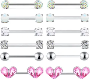 Titanium Steel Nipple Tongue Rings Opal CZ Barbell Colorful Set Piercing Jewelry Body Retainer 14G(1.6mm) 16mm 2 Pcs