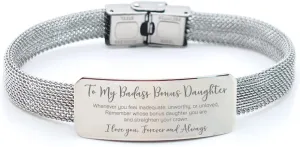 To My Badass Bonus Daughter Gifts From Stepdad, Gifts for Bonus Daughter Christmas Personalized jewelry Bonus Daughter Engraved Bracelet Christmas Birthday Gifts for Bonus Daughter Graduation Gifts