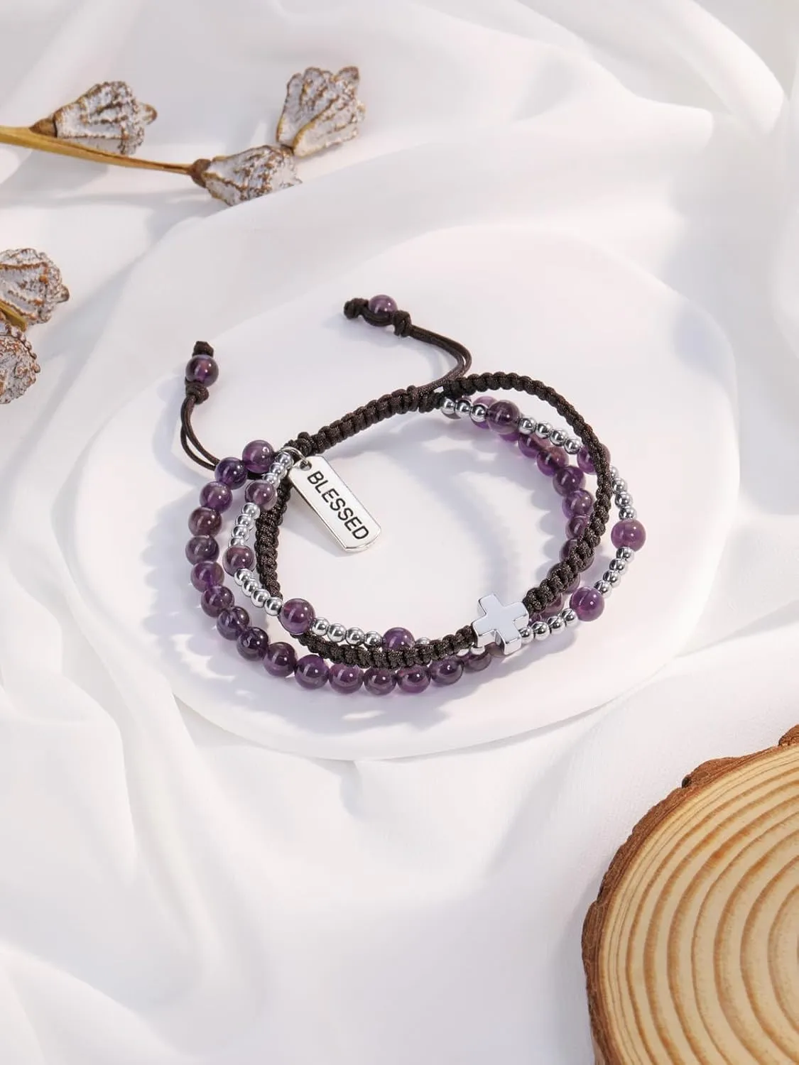 Top Plaza Healing Crystal Bracelets for Men Women 3 in 1 Handmade Natural Gemstone Beads Bracelet with Cross Charm Blessed Mens Bracelet Braided Protection Jewelry Gifts