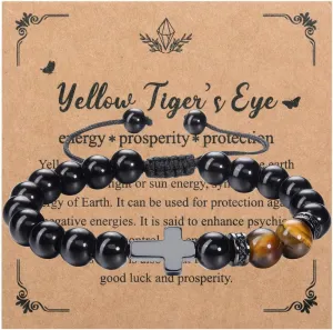 Top Plaza Men's Cross Bracelet Tiger Eye Black Obsidian Crystal 8mm Gemstones Bracelets Double Protection Spiritual Energy Jewelry Gift for Men Husband Son