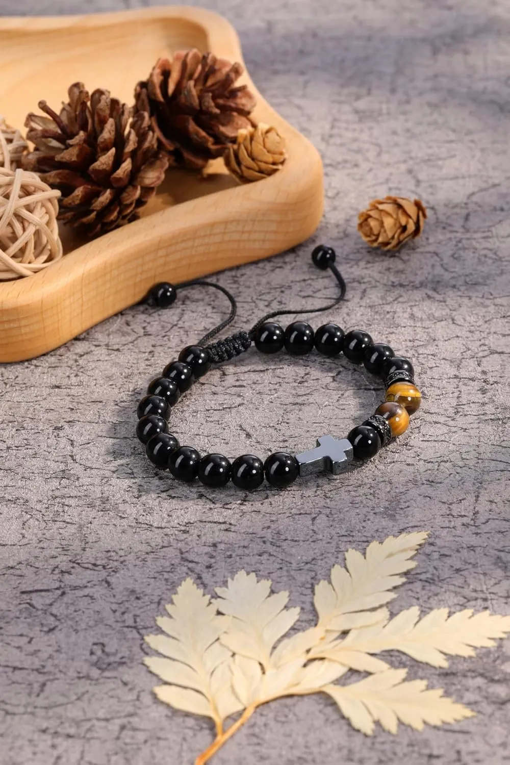 Top Plaza Men's Cross Bracelet Tiger Eye Black Obsidian Crystal 8mm Gemstones Bracelets Double Protection Spiritual Energy Jewelry Gift for Men Husband Son