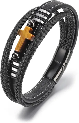 Top Plaza Mens Natural 8mm Tiger Eye Stone Beaded Bracelets Black Braided Leather Multilayer Cuff Bracelet with Stainless Steel Clasp Cool Jewelry Gifts for Him