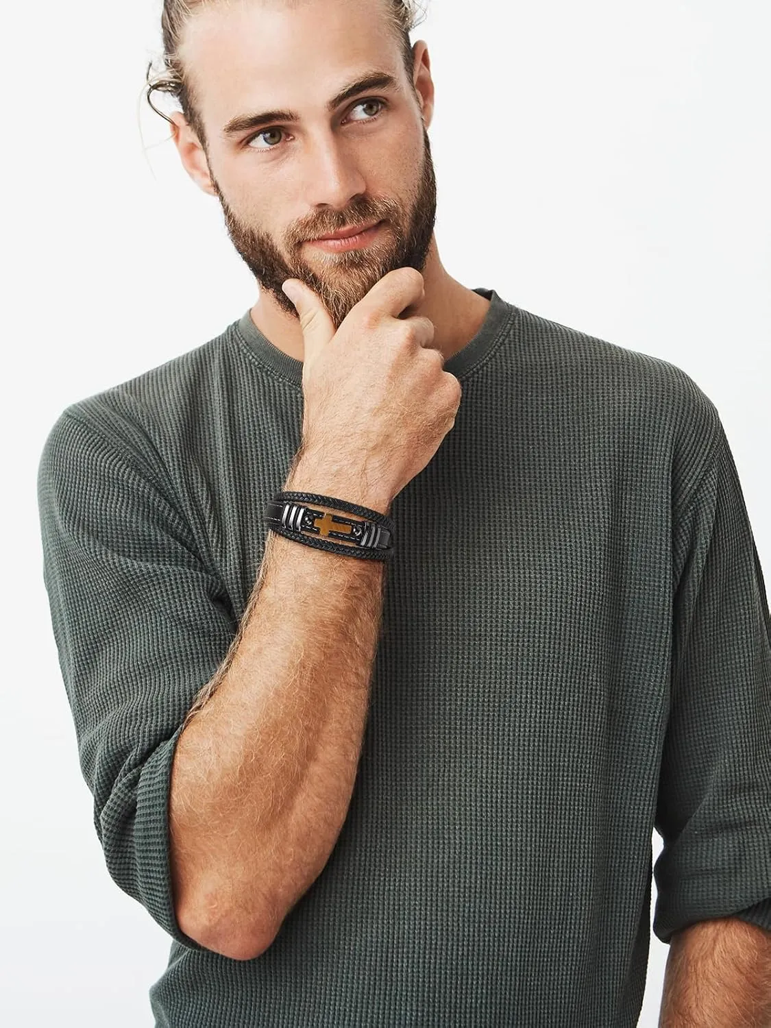 Top Plaza Mens Natural 8mm Tiger Eye Stone Beaded Bracelets Black Braided Leather Multilayer Cuff Bracelet with Stainless Steel Clasp Cool Jewelry Gifts for Him