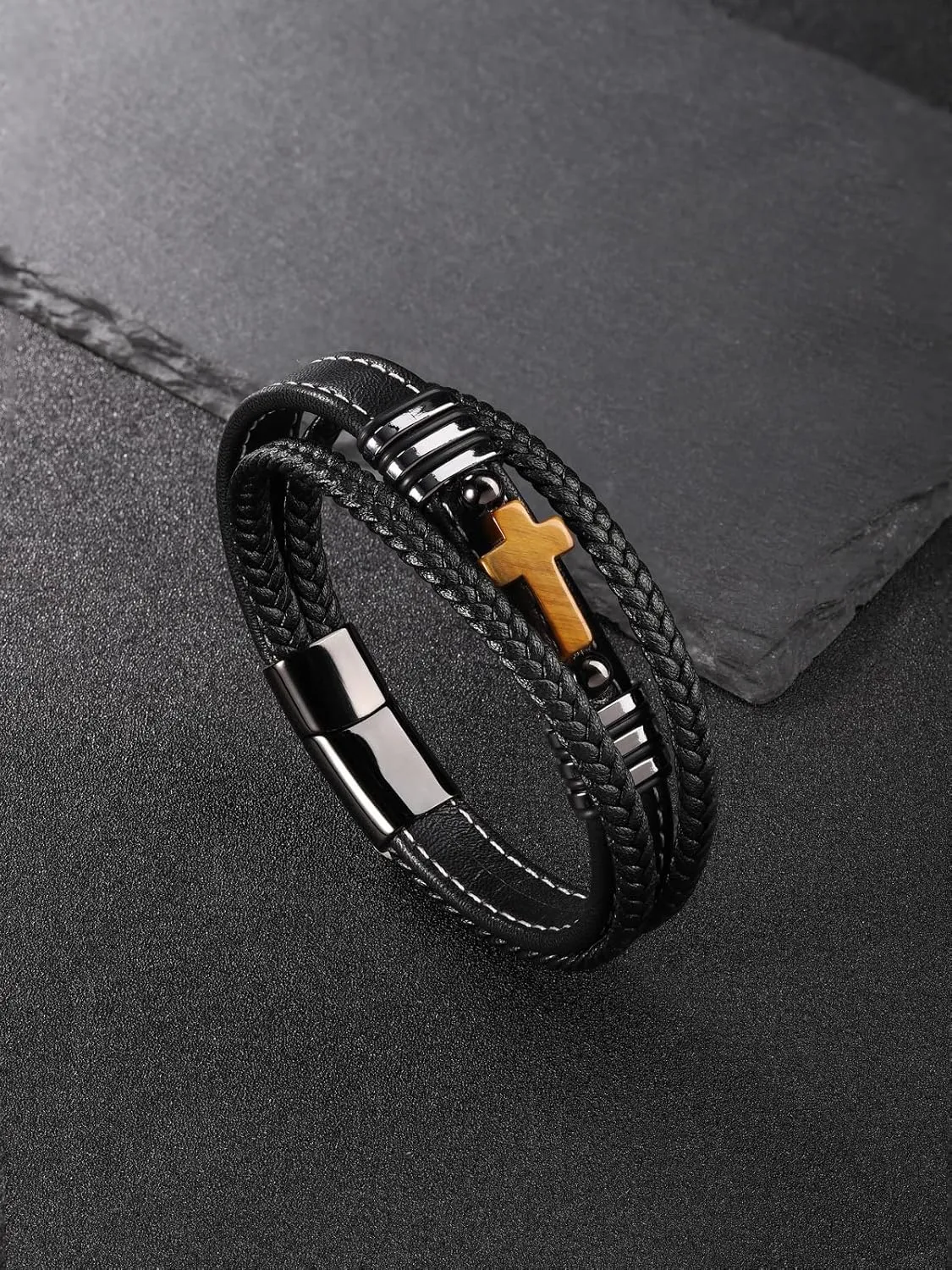 Top Plaza Mens Natural 8mm Tiger Eye Stone Beaded Bracelets Black Braided Leather Multilayer Cuff Bracelet with Stainless Steel Clasp Cool Jewelry Gifts for Him