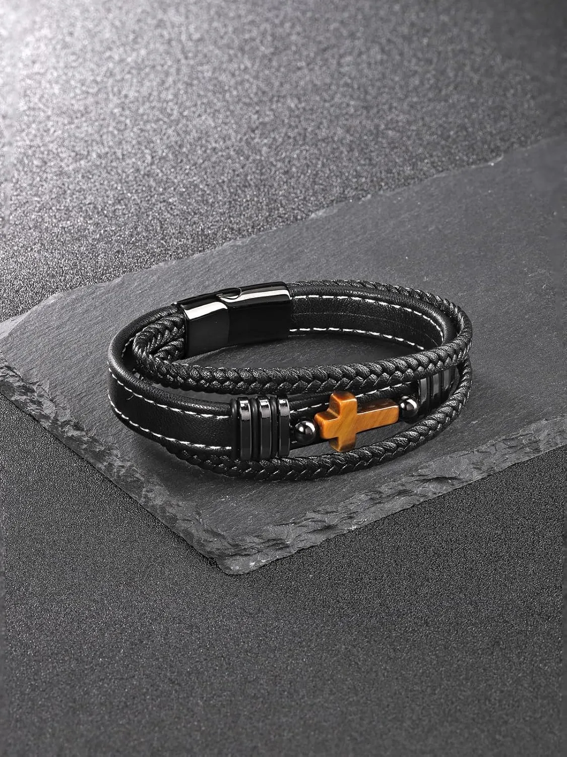Top Plaza Mens Natural 8mm Tiger Eye Stone Beaded Bracelets Black Braided Leather Multilayer Cuff Bracelet with Stainless Steel Clasp Cool Jewelry Gifts for Him