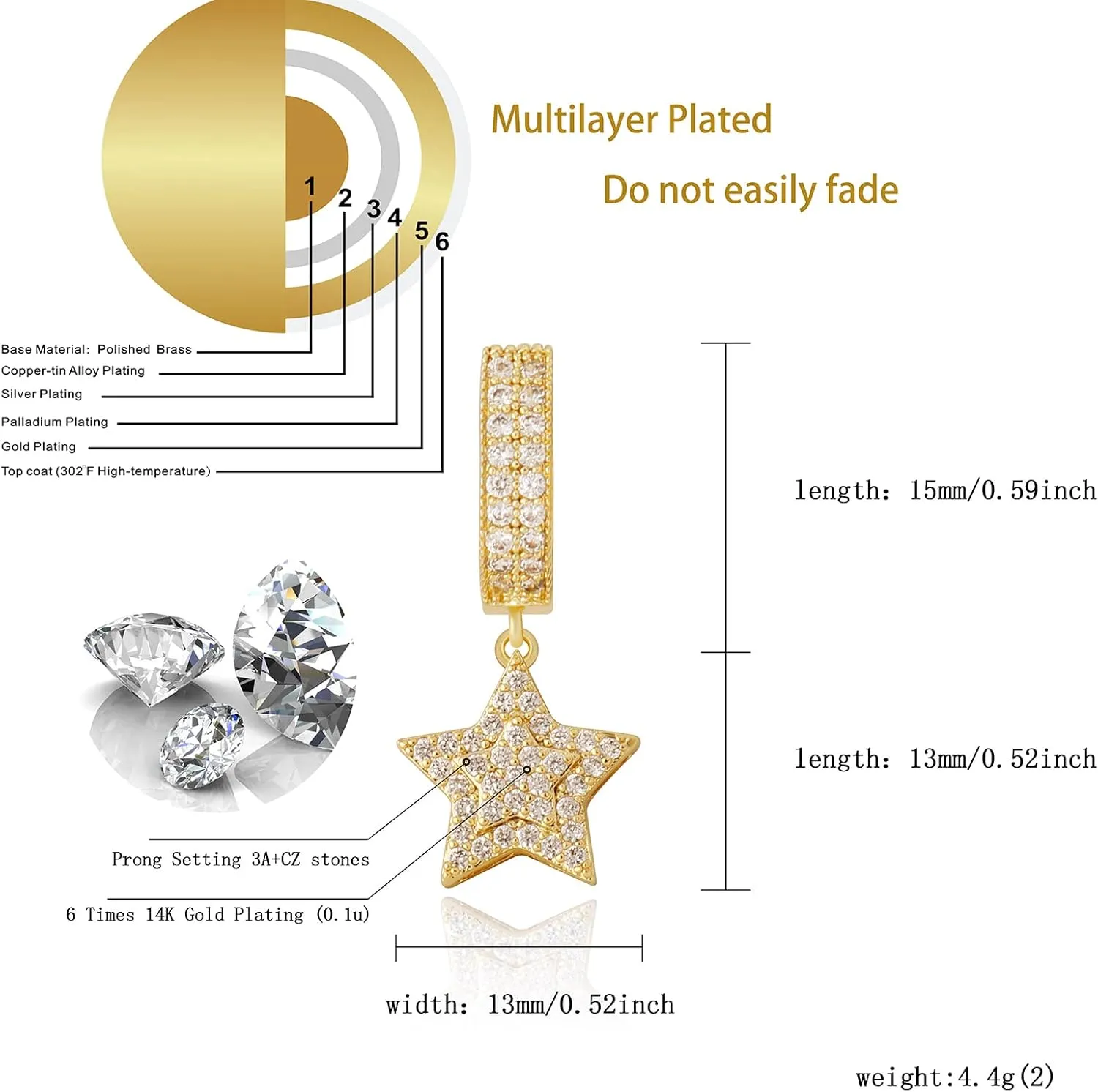 TOPGRILLZ Iced Out Dangle Hoop Earrings 14K Golden Plated 5A  Cubic Zirconia Star Pin Lock Key Cartilage Hoop Dangle Drop Earrings For Men Women