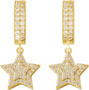 TOPGRILLZ Iced Out Dangle Hoop Earrings 14K Golden Plated 5A  Cubic Zirconia Star Pin Lock Key Cartilage Hoop Dangle Drop Earrings For Men Women