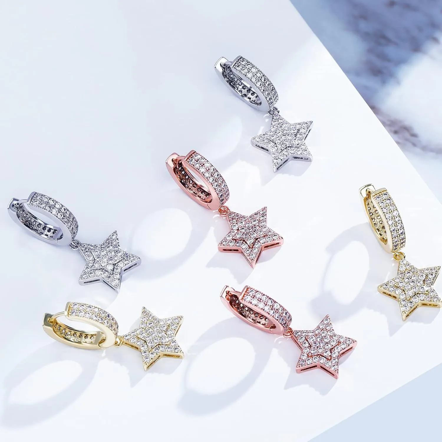 TOPGRILLZ Iced Out Dangle Hoop Earrings 14K Golden Plated 5A  Cubic Zirconia Star Pin Lock Key Cartilage Hoop Dangle Drop Earrings For Men Women
