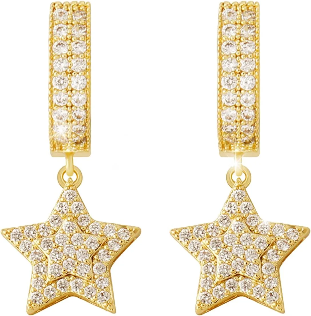 TOPGRILLZ Iced Out Dangle Hoop Earrings 14K Golden Plated 5A  Cubic Zirconia Star Pin Lock Key Cartilage Hoop Dangle Drop Earrings For Men Women