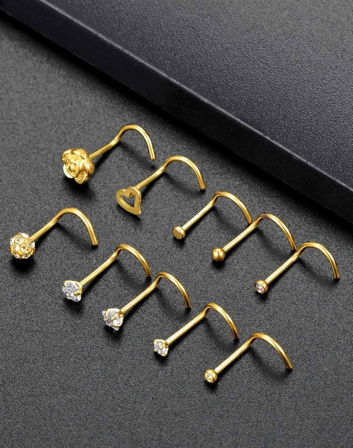Tornito 20G 20Pcs Stainless Steel Nose Bone L Shaped Screw Studs Rings CZ Nose Ring Labret Nose Piercing Jewelry for Men Women (A1:20Pcs)