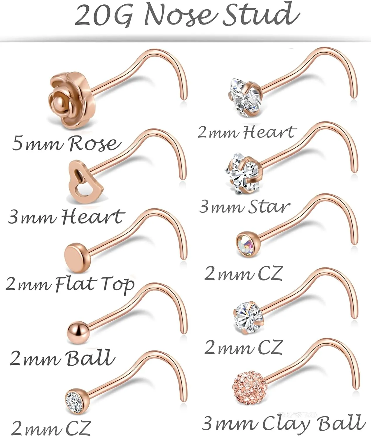 Tornito 20G 20Pcs Stainless Steel Nose Bone L Shaped Screw Studs Rings CZ Nose Ring Labret Nose Piercing Jewelry for Men Women (A1:20Pcs)