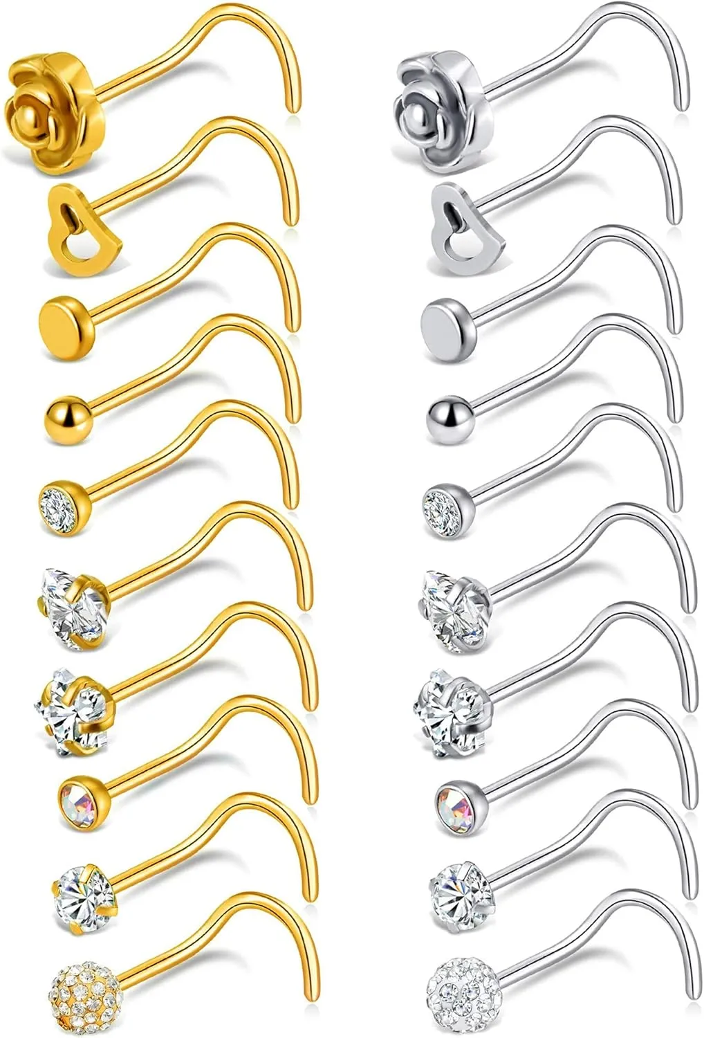 Tornito 20G 20Pcs Stainless Steel Nose Bone L Shaped Screw Studs Rings CZ Nose Ring Labret Nose Piercing Jewelry for Men Women (A1:20Pcs)