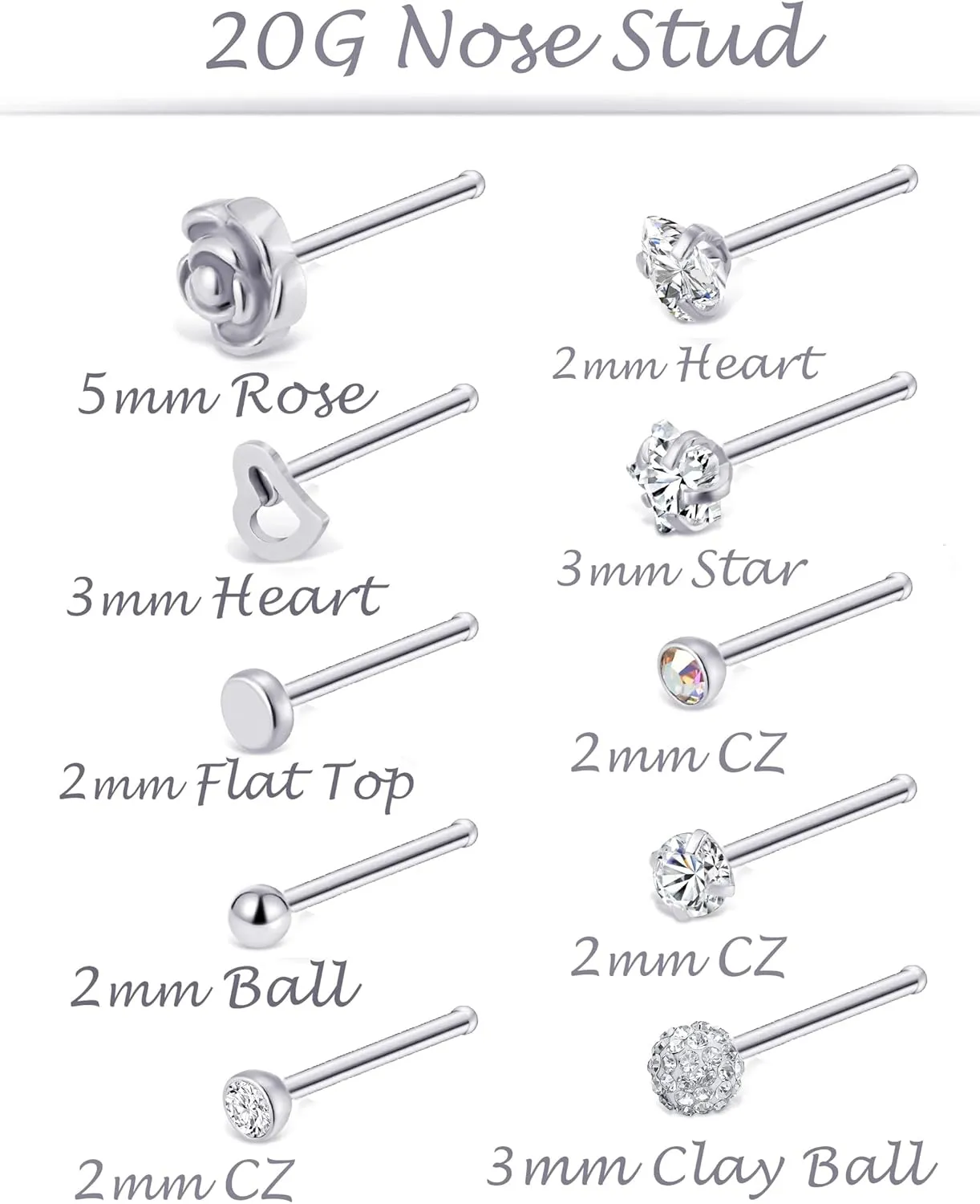 Tornito 20G 20Pcs Stainless Steel Nose Bone L Shaped Screw Studs Rings CZ Nose Ring Labret Nose Piercing Jewelry for Men Women (A1:20Pcs)