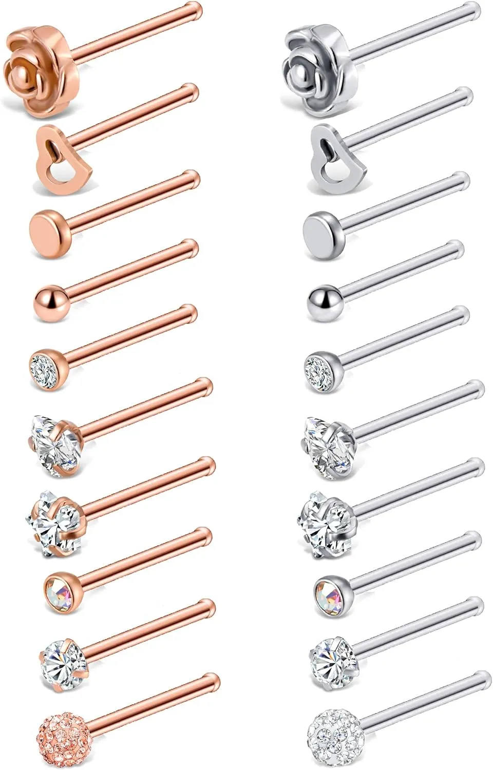 Tornito 20G 20Pcs Stainless Steel Nose Bone L Shaped Screw Studs Rings CZ Nose Ring Labret Nose Piercing Jewelry for Men Women (A1:20Pcs)