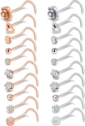 Tornito 20G 20Pcs Stainless Steel Nose Bone L Shaped Screw Studs Rings CZ Nose Ring Labret Nose Piercing Jewelry for Men Women (A1:20Pcs)