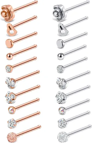 Tornito 20G 20Pcs Stainless Steel Nose Bone L Shaped Screw Studs Rings CZ Nose Ring Labret Nose Piercing Jewelry for Men Women (A1:20Pcs)