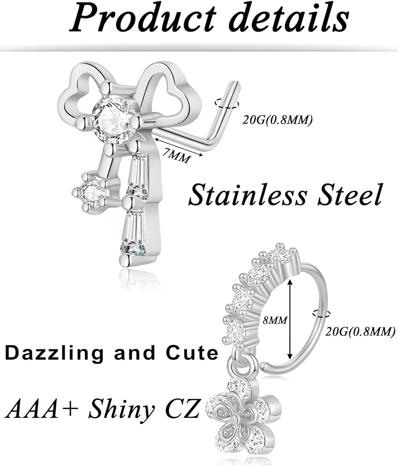 Tornito 20Pcs 20G Dangle Nose Rings Studs for Women L Shaped Dangling Nose Stud Hoop Butterfly Heart Moon Arrow Flower Star Bowtie CZ Dangling Nostril Body Piercing Jewelry with Charm Silver Gold Tone