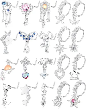 Tornito 20Pcs 20G Dangle Nose Rings Studs for Women L Shaped Dangling Nose Stud Hoop Butterfly Heart Moon Arrow Flower Star Bowtie CZ Dangling Nostril Body Piercing Jewelry with Charm Silver Gold Tone