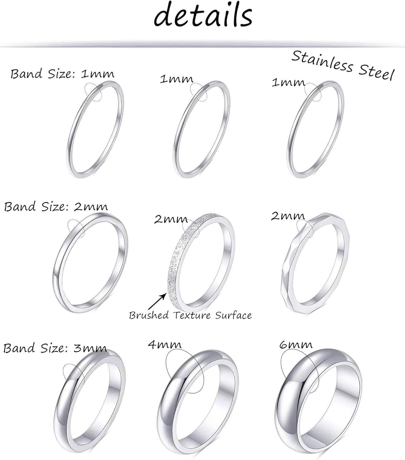 Tornito 9Pcs Stackable Eternity Ring Stainless Steel Band Knuckle Engagement Wedding Ring Size 4-10 for Women Silver Rose gold Tone