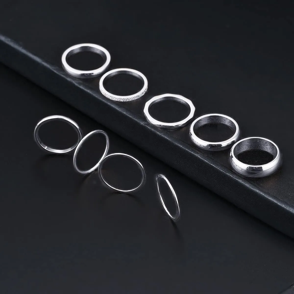 Tornito 9Pcs Stackable Eternity Ring Stainless Steel Band Knuckle Engagement Wedding Ring Size 4-10 for Women Silver Rose gold Tone