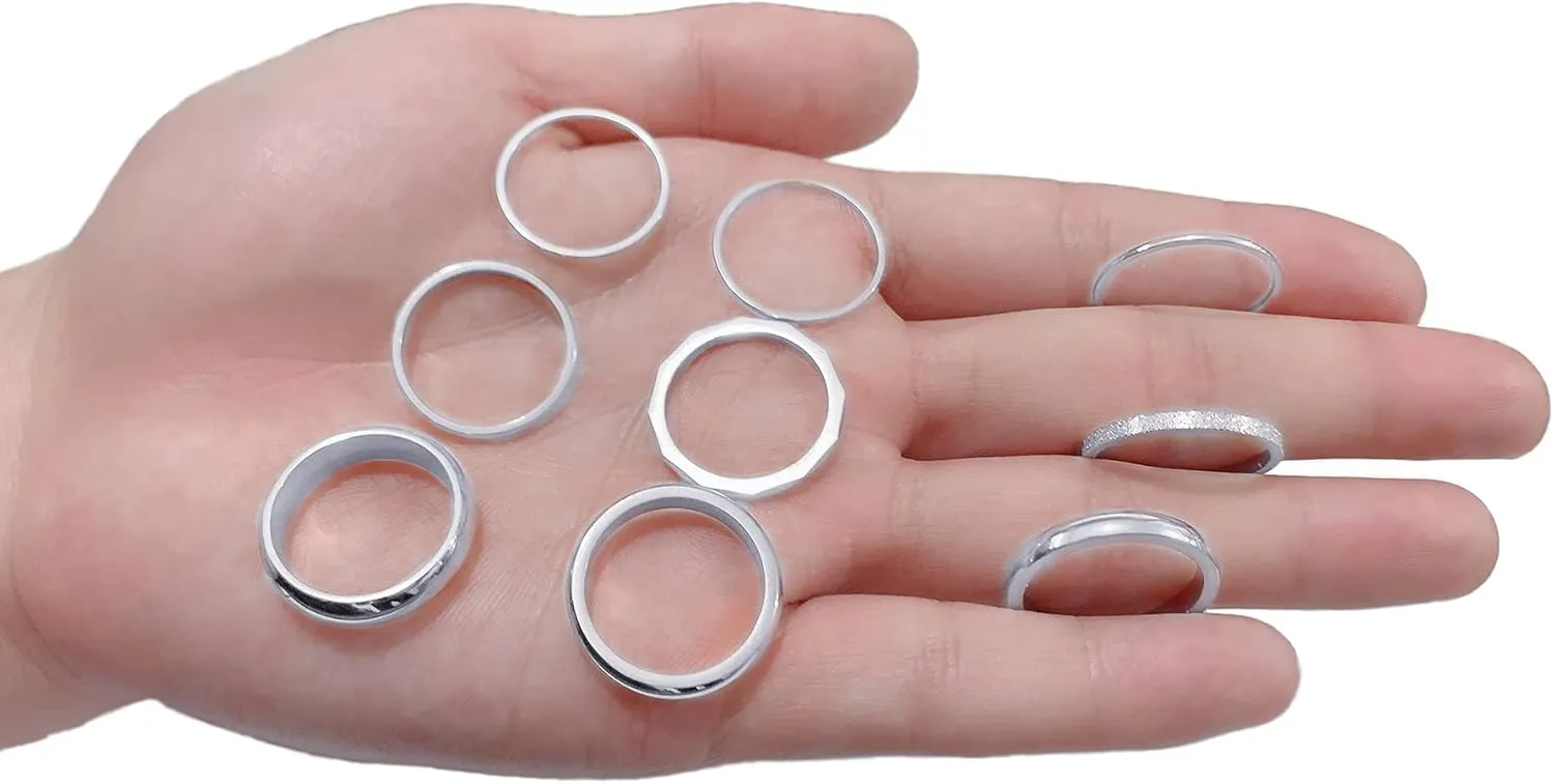 Tornito 9Pcs Stackable Eternity Ring Stainless Steel Band Knuckle Engagement Wedding Ring Size 4-10 for Women Silver Rose gold Tone