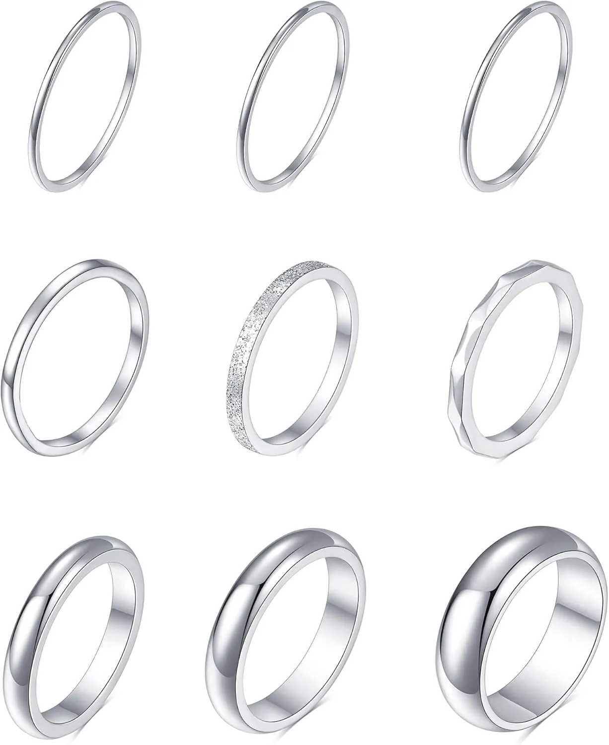 Tornito 9Pcs Stackable Eternity Ring Stainless Steel Band Knuckle Engagement Wedding Ring Size 4-10 for Women Silver Rose gold Tone