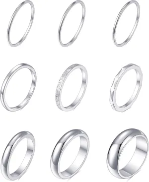 Tornito 9Pcs Stackable Eternity Ring Stainless Steel Band Knuckle Engagement Wedding Ring Size 4-10 for Women Silver Rose gold Tone