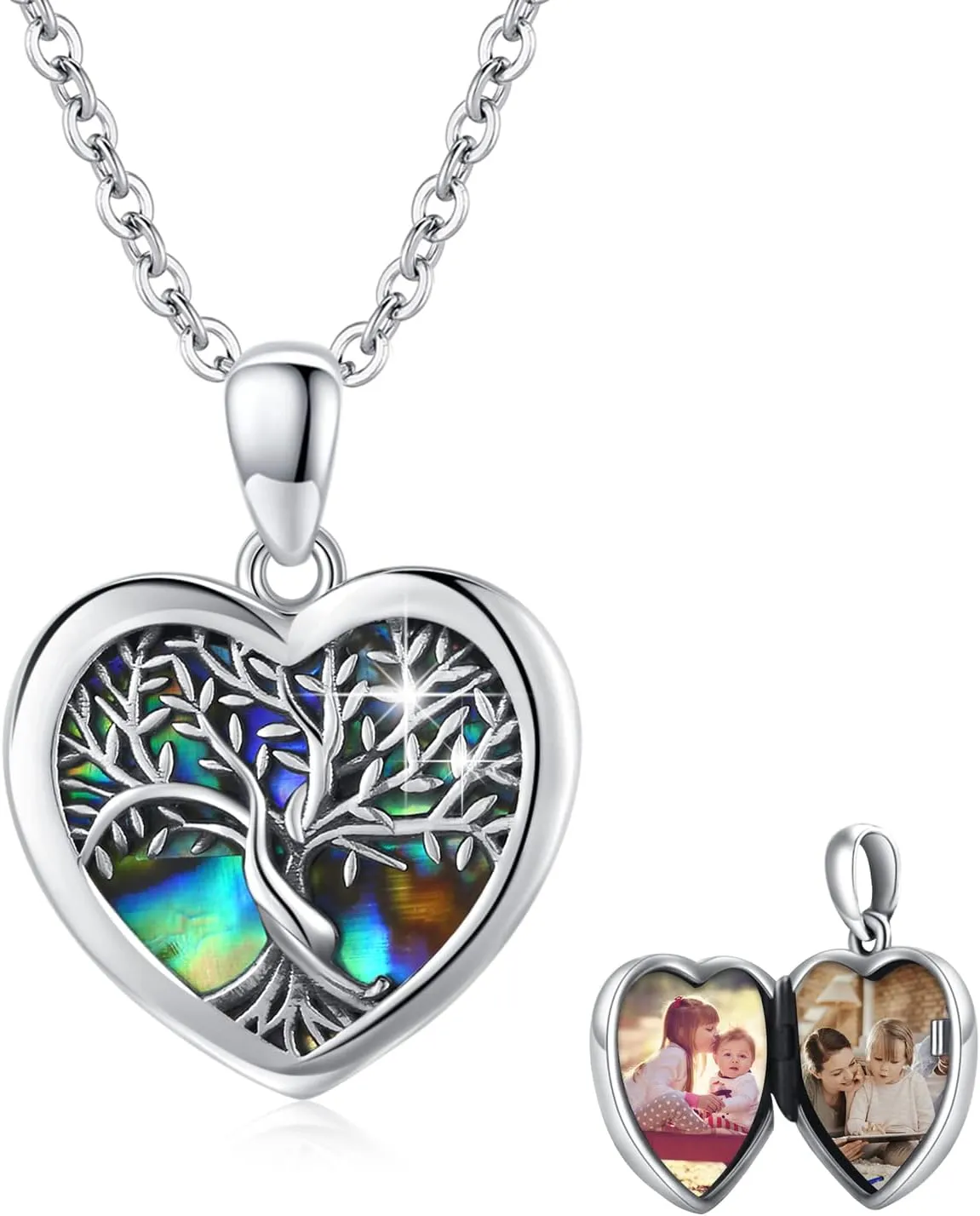 Tree of Life Locket Necklace That Hold Pictures Sterling Silver with Abalone Shell Family Tree Pendant Necklace Memorial Photo Heart Necklace Jewelry Xmas Gifts for Women