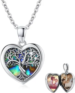 Tree of Life Locket Necklace That Hold Pictures Sterling Silver with Abalone Shell Family Tree Pendant Necklace Memorial Photo Heart Necklace Jewelry Xmas Gifts for Women