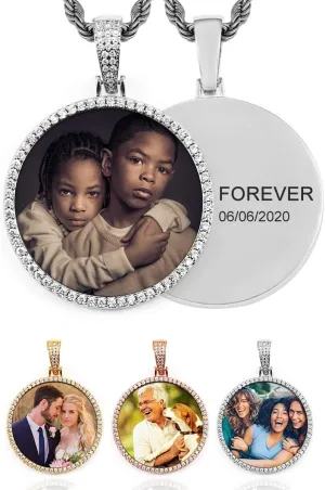 TUHE Hip Hop Custom Picture & Name Necklace Personalized 18K Gold Plated Iced Out Round Pendant Photo Necklace for Men Women Memory Charm Chain Necklace Customized with Text Engraving & Picture