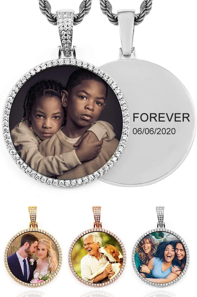 TUHE Hip Hop Custom Picture & Name Necklace Personalized 18K Gold Plated Iced Out Round Pendant Photo Necklace for Men Women Memory Charm Chain Necklace Customized with Text Engraving & Picture