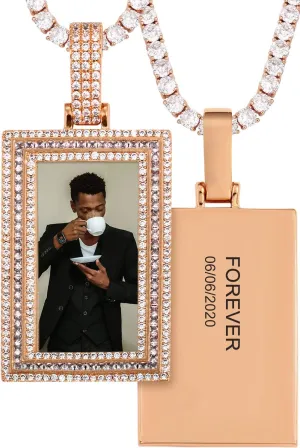 TUHE Hip Hop Custom Picture & Name Necklace Personalized 18K Gold Plated Iced Out Square Pendant Photo Necklace for Men Women Memory Charm Chain Necklace Customized with Text Engraving & Picture