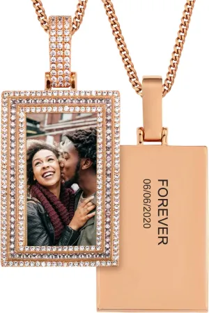 TUHE Hip Hop Custom Picture & Name Necklace Personalized 18K Gold Plated Iced Out Square Pendant Photo Necklace for Men Women Memory Charm Chain Necklace Customized with Text Engraving & Picture