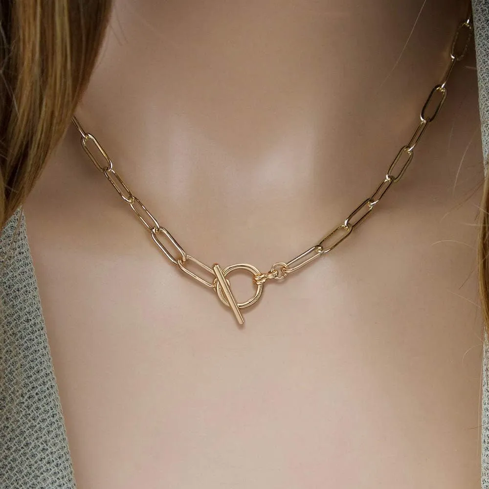 Turandoss Gold Paperclip Chain Necklace for Women, 14K Gold Plated Dainty Paperclip Link Chain Necklace Medallion Evil Eye Star Lightning Heart Butterfly Oval Link Paperclip Chain Necklaces for Women