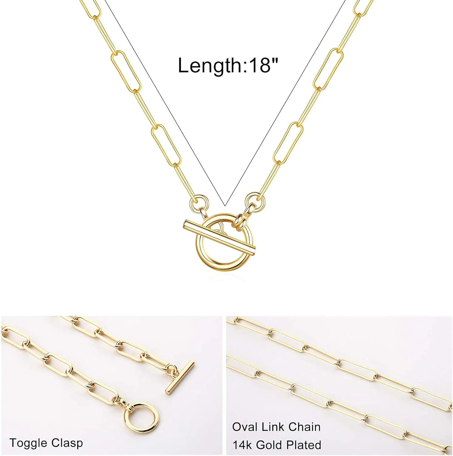 Turandoss Gold Paperclip Chain Necklace for Women, 14K Gold Plated Dainty Paperclip Link Chain Necklace Medallion Evil Eye Star Lightning Heart Butterfly Oval Link Paperclip Chain Necklaces for Women