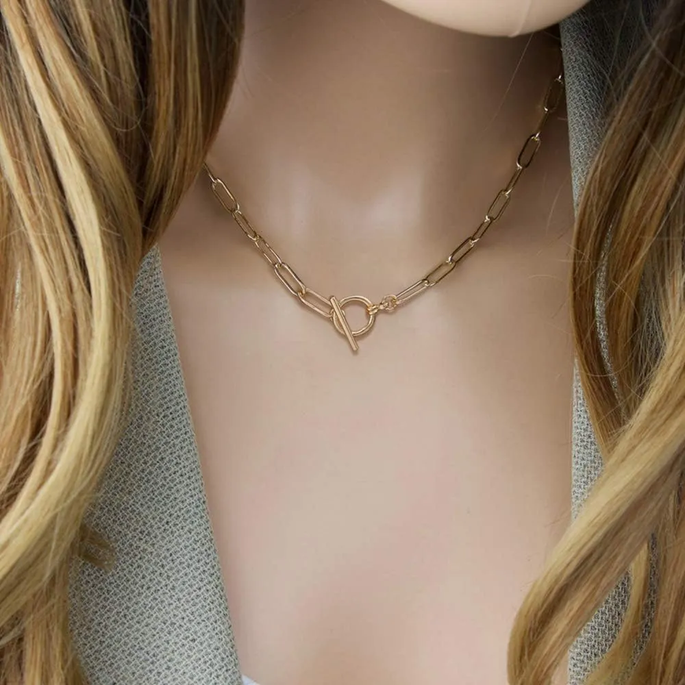 Turandoss Gold Paperclip Chain Necklace for Women, 14K Gold Plated Dainty Paperclip Link Chain Necklace Medallion Evil Eye Star Lightning Heart Butterfly Oval Link Paperclip Chain Necklaces for Women
