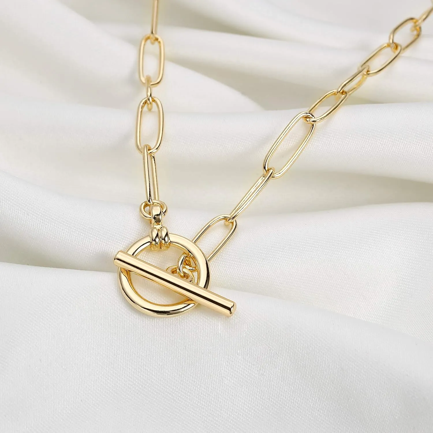 Turandoss Gold Paperclip Chain Necklace for Women, 14K Gold Plated Dainty Paperclip Link Chain Necklace Medallion Evil Eye Star Lightning Heart Butterfly Oval Link Paperclip Chain Necklaces for Women