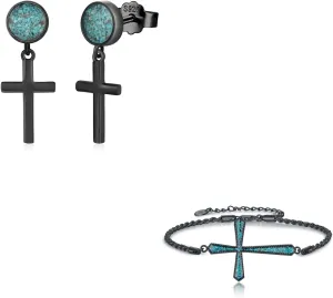 Turquoise Cross Earrings Bracelets for Women 925 Sterling Silver Black Cross Christian Jewelry Religious Faith Gifts for Men