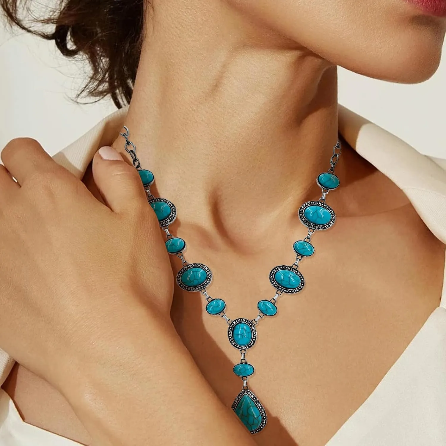 Turquoise Y-shaped Necklace for Women, Western Bohemian Style Jewelry Gift, Western Turquoise Pendant Necklaces Jewelry for Women Trendy