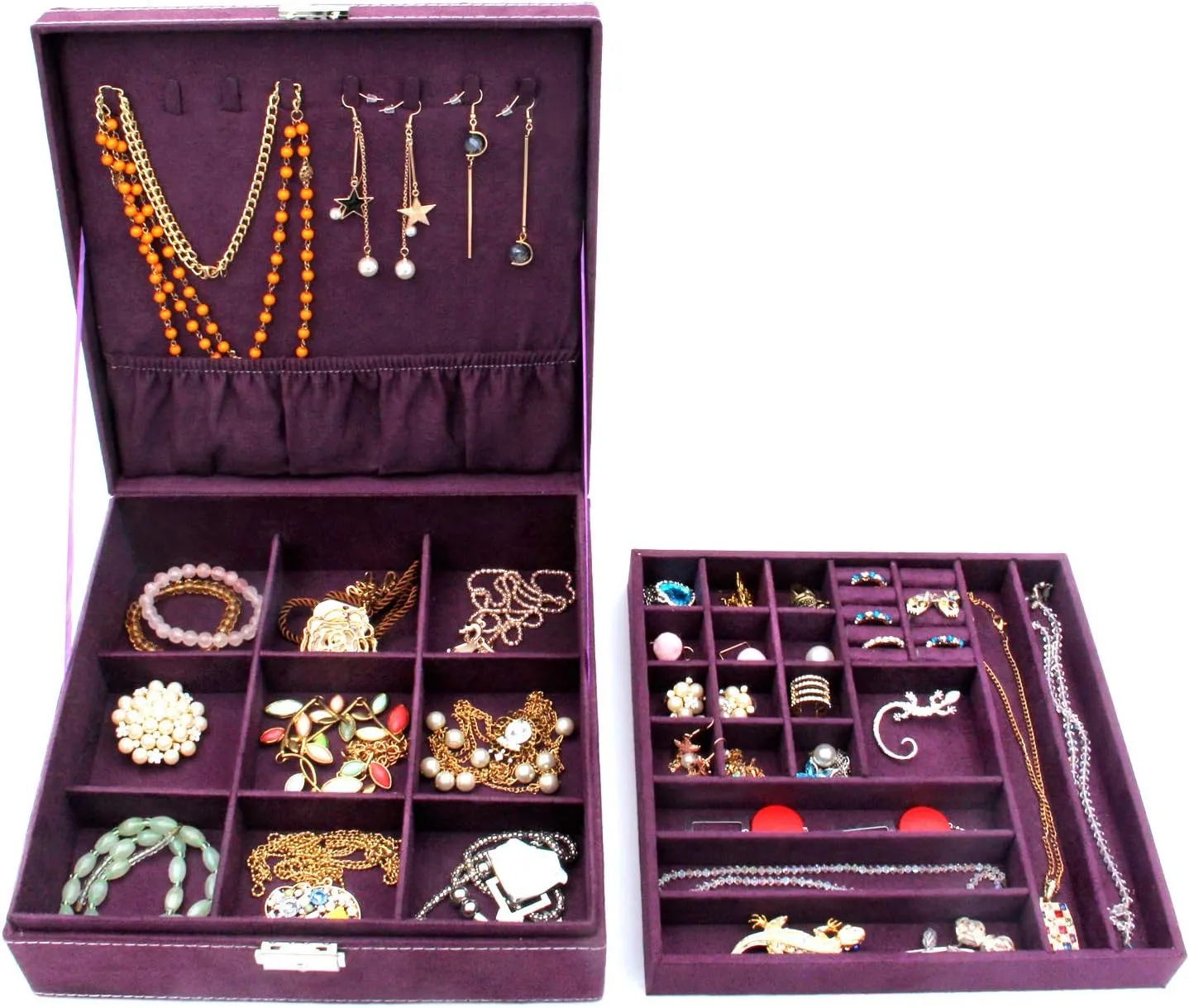 Two-Layer Jewelry Box Organizer Display Storage case with Lock (Purple)