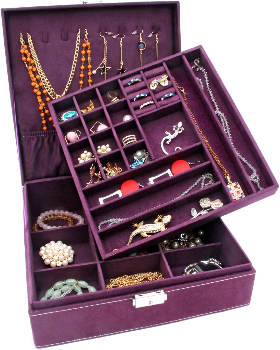 Two-Layer Jewelry Box Organizer Display Storage case with Lock (Purple)