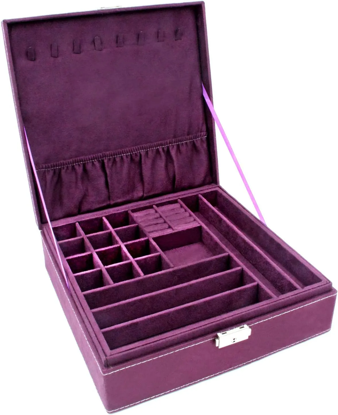 Two-Layer Jewelry Box Organizer Display Storage case with Lock (Purple)