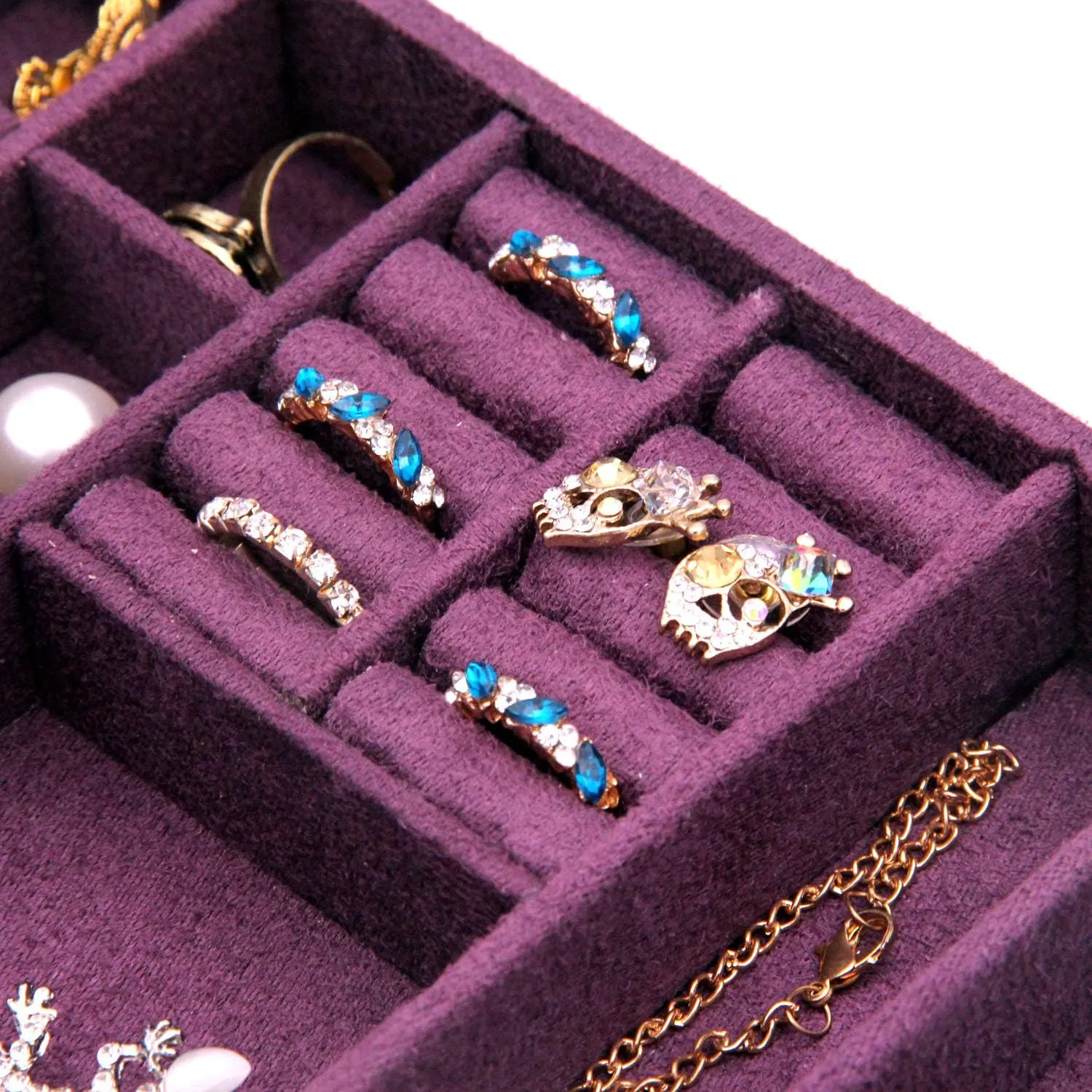 Two-Layer Jewelry Box Organizer Display Storage case with Lock (Purple)