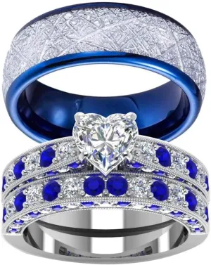Two Rings His Hers Wedding Ring Sets Couples Matching Rings Women's 2pc White Gold Filled Heart CZ Wedding Engagement Ring Bridal Sets Men's Stainless Steel Wedding Band