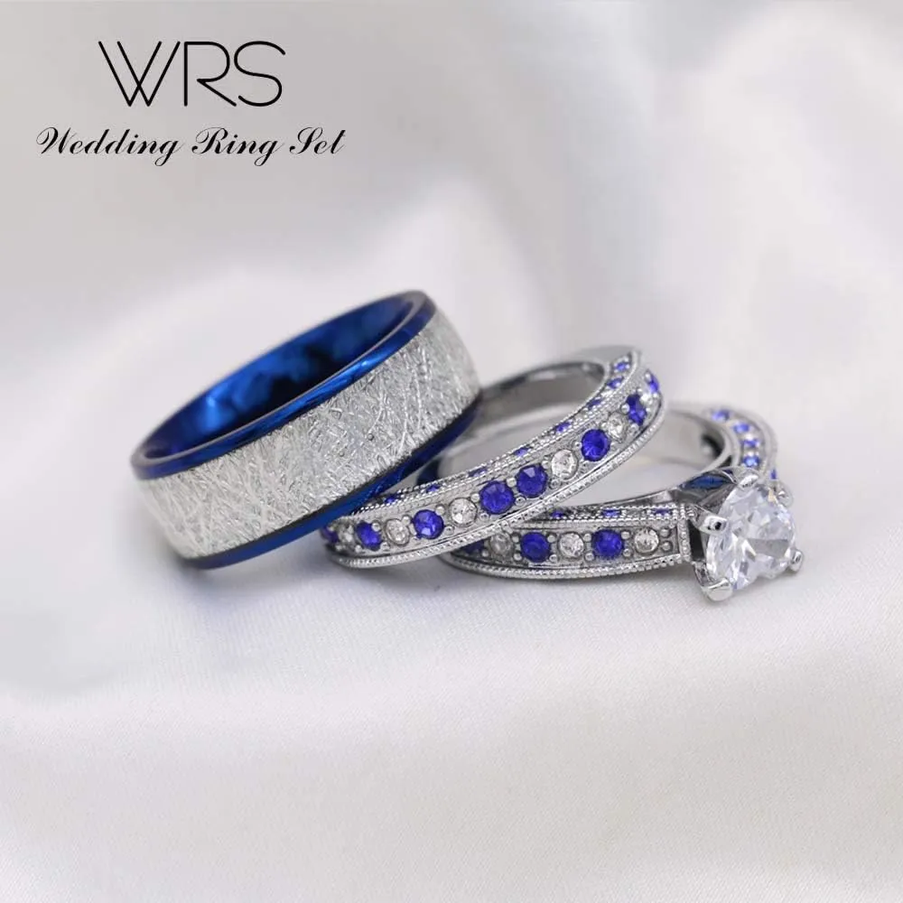 Two Rings His Hers Wedding Ring Sets Couples Matching Rings Women's 2pc White Gold Filled Heart CZ Wedding Engagement Ring Bridal Sets Men's Stainless Steel Wedding Band
