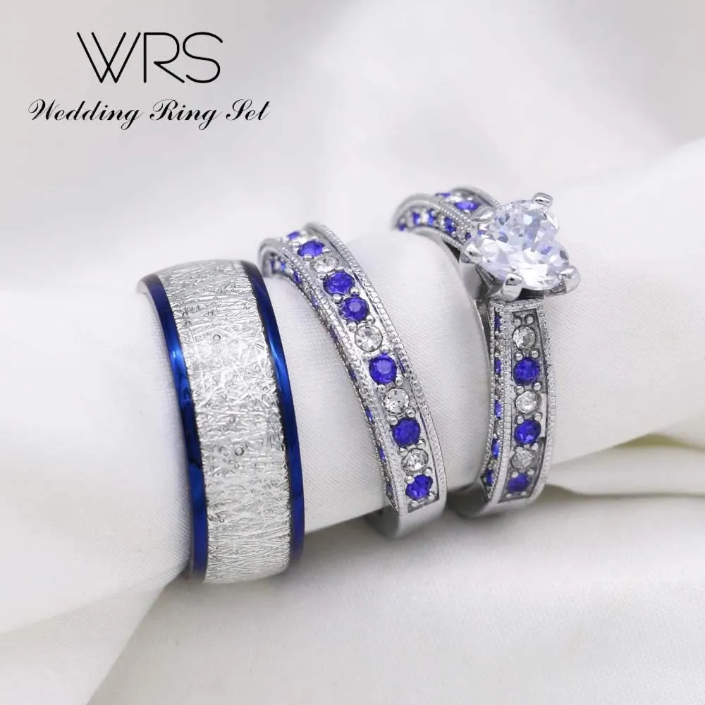 Two Rings His Hers Wedding Ring Sets Couples Matching Rings Women's 2pc White Gold Filled Heart CZ Wedding Engagement Ring Bridal Sets Men's Stainless Steel Wedding Band