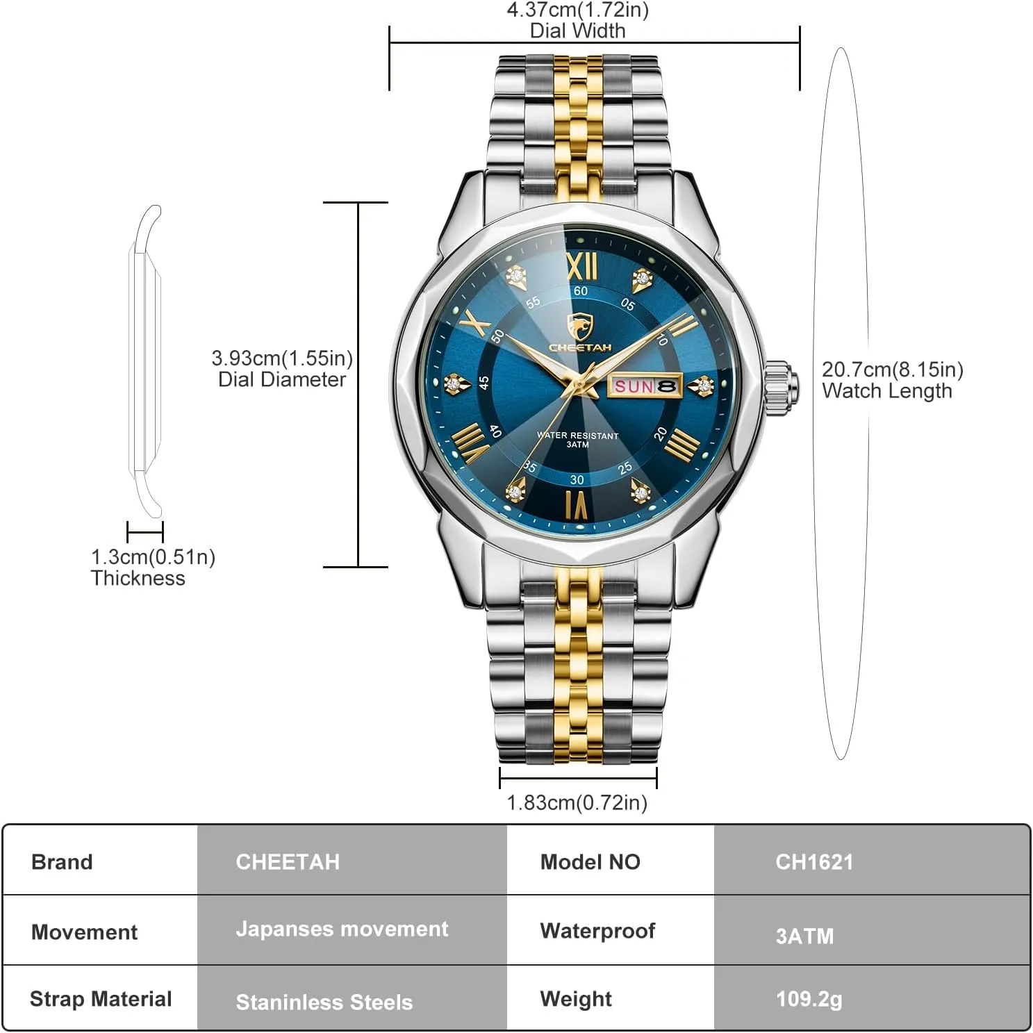 Two-Tone Watches for Men Diamond Stainless Steel Quartz Waterproof, with Date Week Display, Luminous Hands